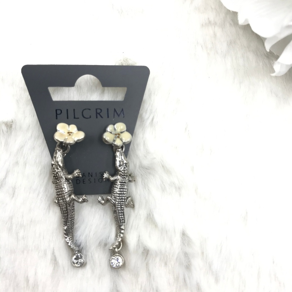 Silvertone White Enamel Crystal Alligator Earrings - Picture 4 of 8